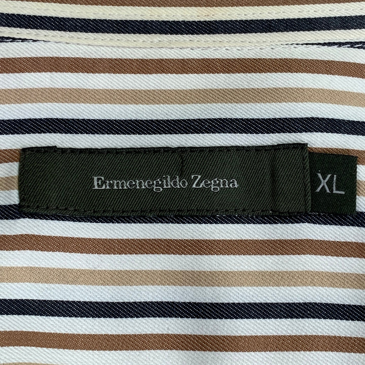 ERMENEGILDO ZEGNA Size XL White Brown Black Stripe Cotton Long Sleeve Shirt