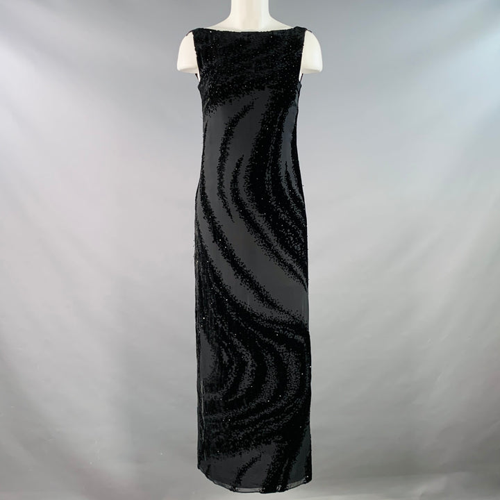 LAFAYETTE 148 Size 2P Black Rayon Silk Beaded Burnout Sleeveless Long Cocktail Dress