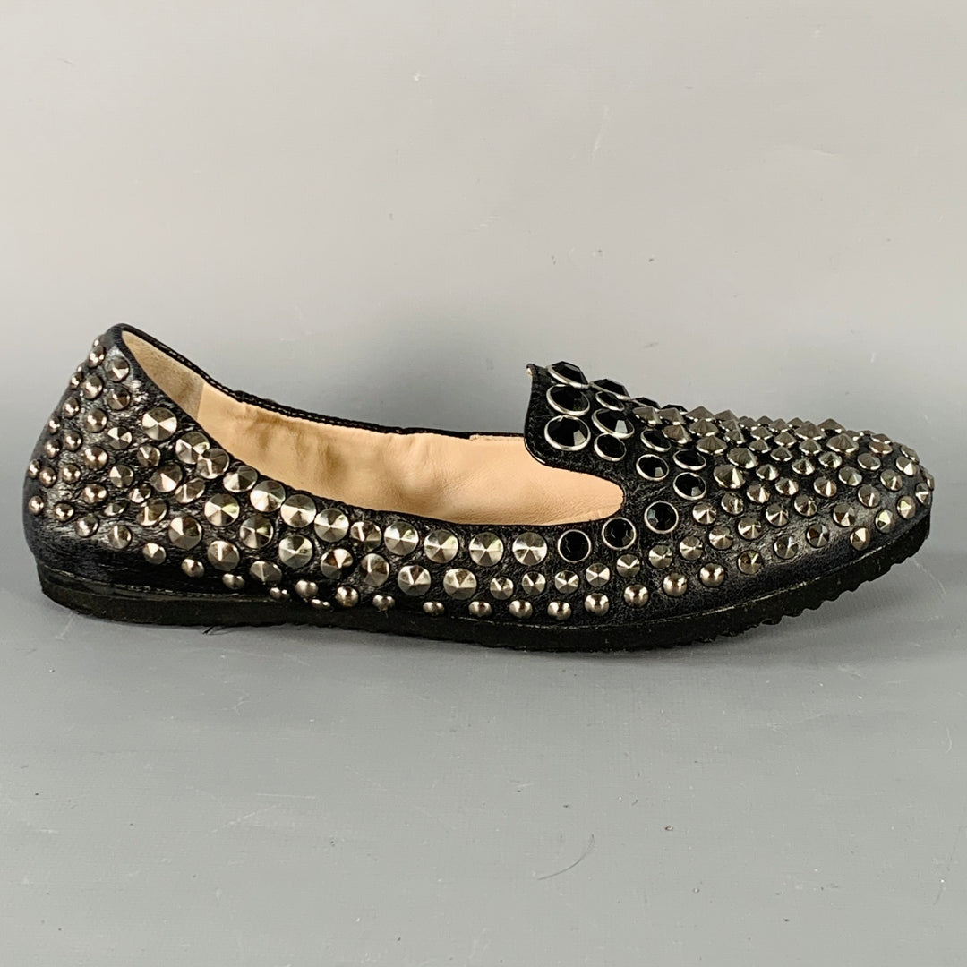 PRADA Size 7.5 Black Silver Leather Studded Flats