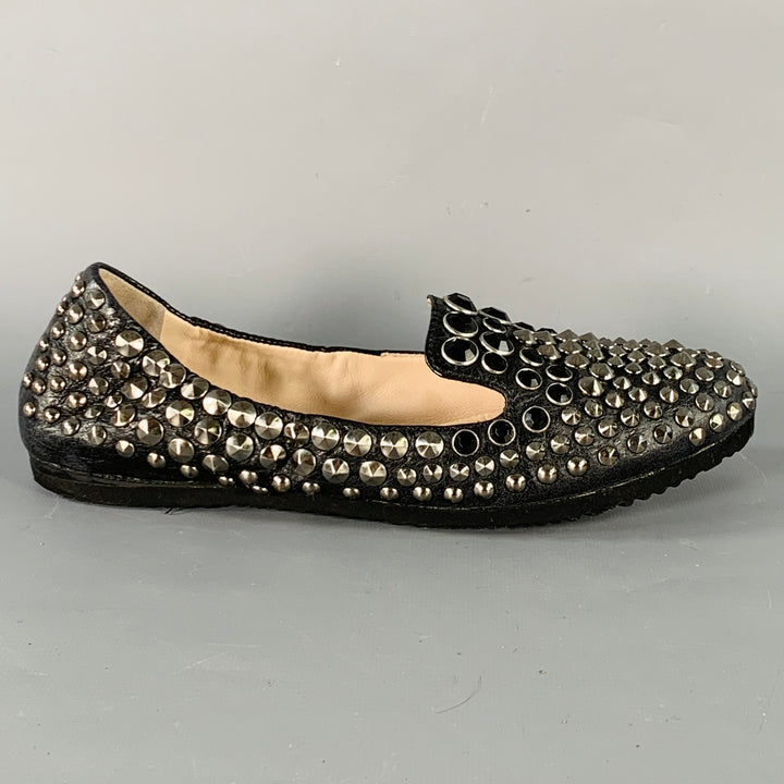 PRADA Size 7.5 Black Silver Leather Studded Flats