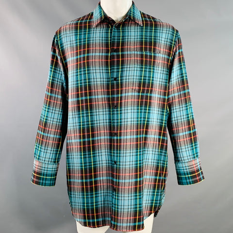 ASPESI Size XS Aqua Multi Color Plaid Cotton Oversized Longline Long Sleeve Shirt