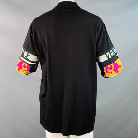 VERSACE Size XXL Black Multi Color Mixed Patterns Cotton Pique Half Placket Polo