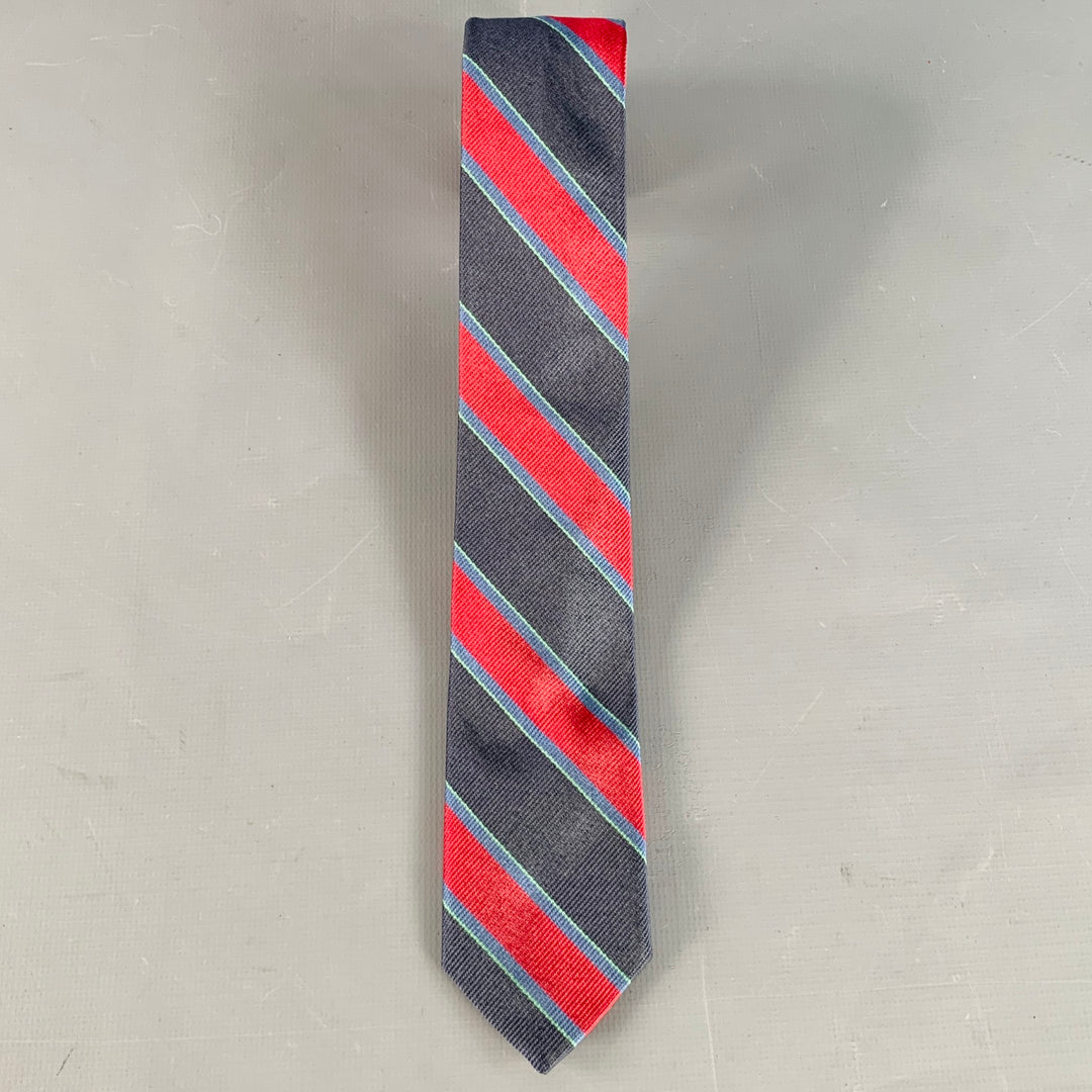 BAND OF OUTSIDERS Navy Red Green Diagonal Stripe Silk Skinny Tie