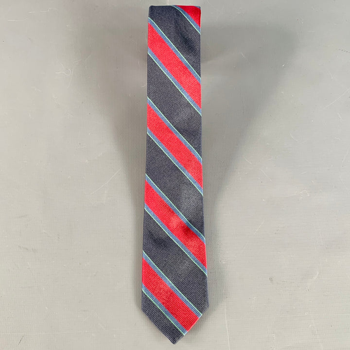 BAND OF OUTSIDERS Navy Red Green Diagonal Stripe Silk Skinny Tie