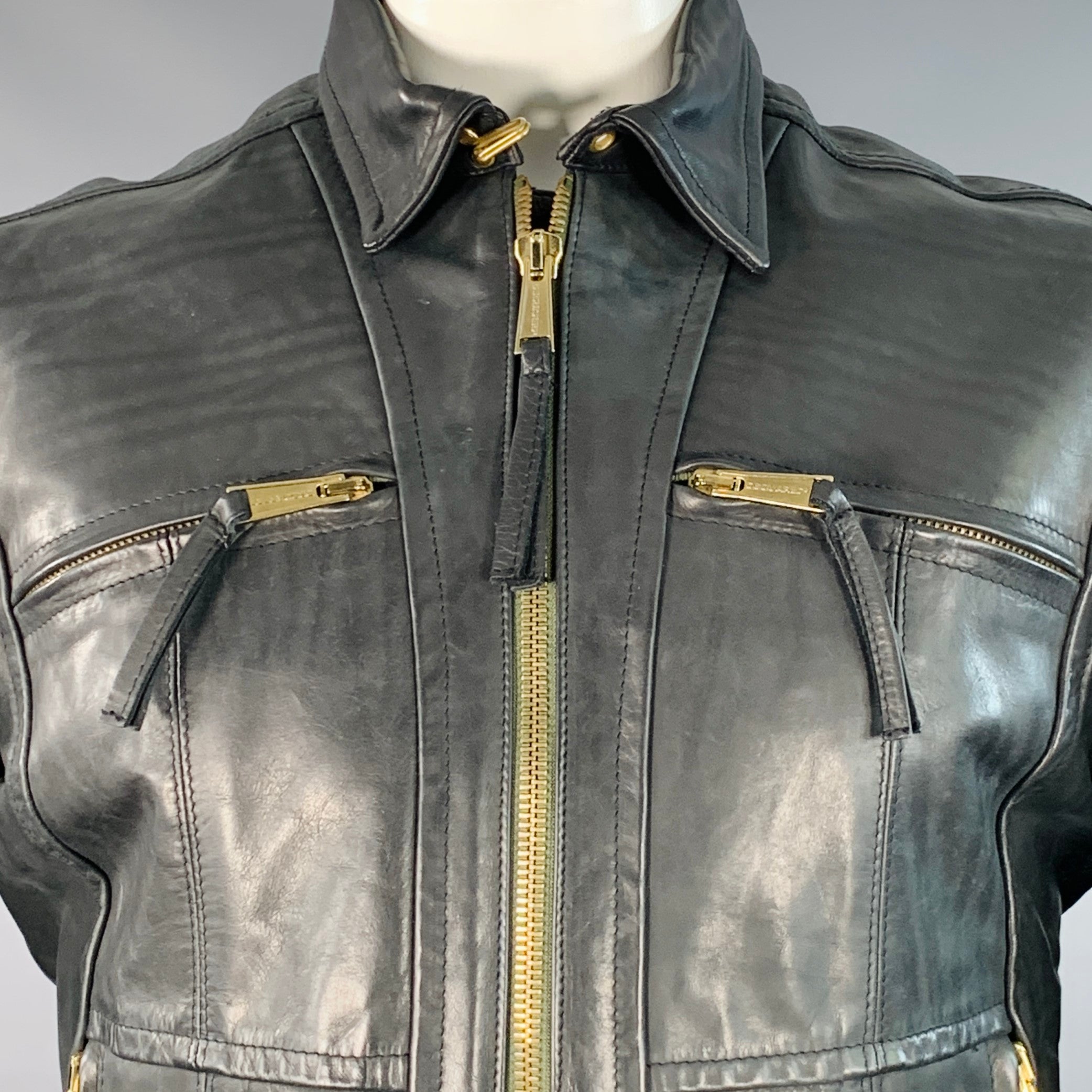 DSQUARED2 Size 44 Black Leather Zip Up Motorcycle Jacket – Sui