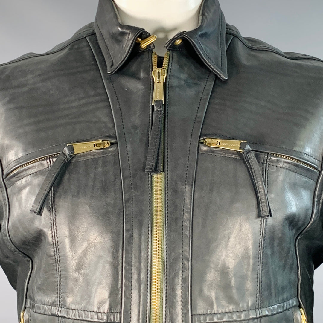 DSQUARED2 Size XL Black Leather Zip Up Motorcycle Jacket