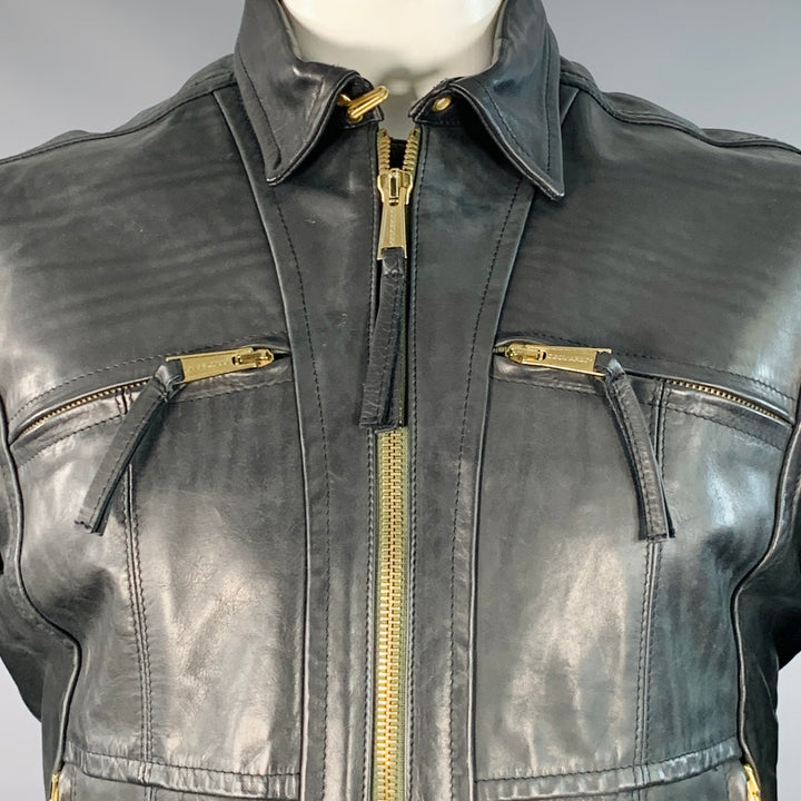DSQUARED2 Size XL Black Leather Zip Up Motorcycle Jacket