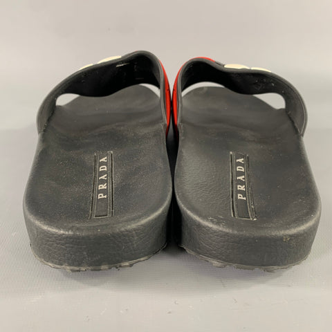 PRADA Size 8 Black & White Logo Rubber Slide Sandals
