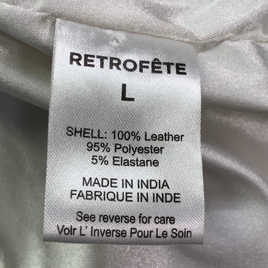 RETROFETE Size L Black White Silver Leather Padded Shoulders Zip Up Jacket
