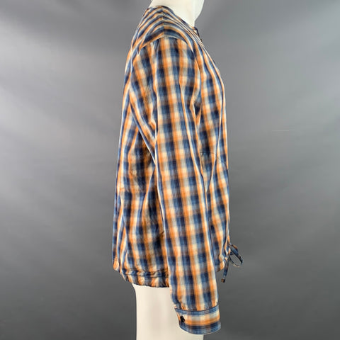 MONITALY Size M Blue Orange Plaid Cotton Collarless 1/4 Zip Pullover