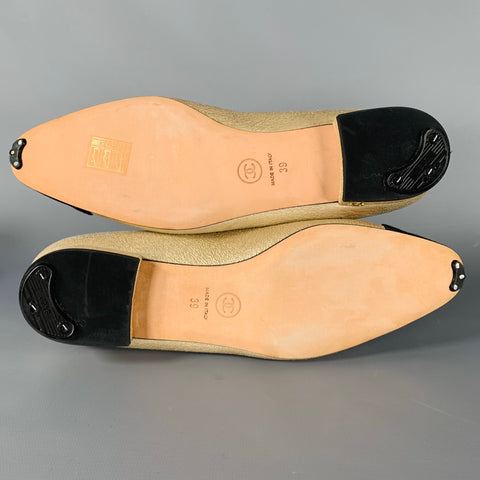 CHANEL Size 8 Gold Black Leather Cap Toe Flats