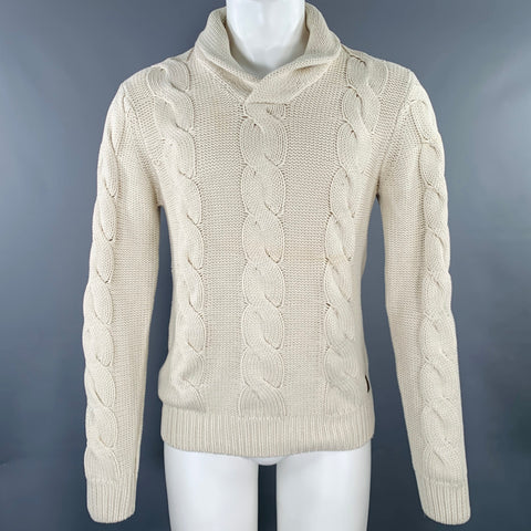 NO EXCESS Size M Beige Knit Cotton Blend Shawl Collar Sweater