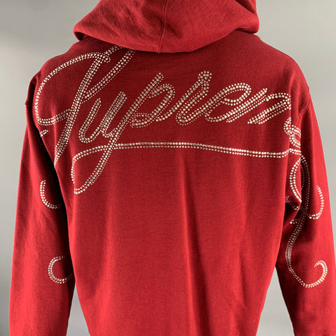 SUPREME Size L Burgundy Rhinestone Cotton Hoodie Sweatshirt