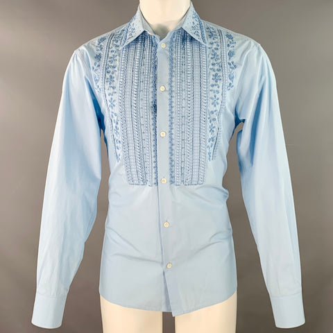 VALENTINO Size S Blue Beaded Embroidery Cotton Tuxedo Long Sleeve Shirt