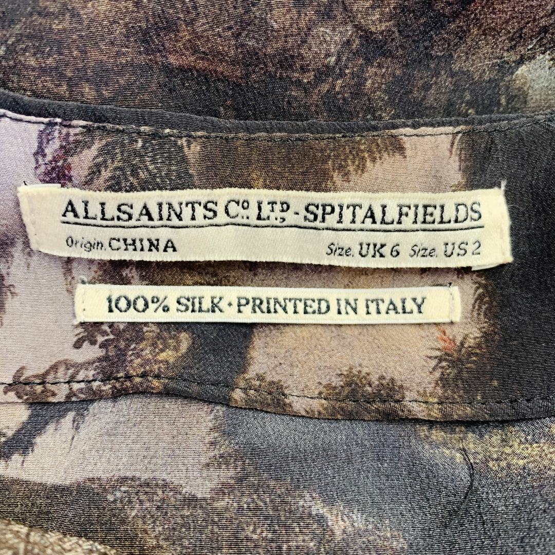 ALLSAINTS Size 2 Brown Beige Silk Tapestry Drapey V-Neck Midi Dress