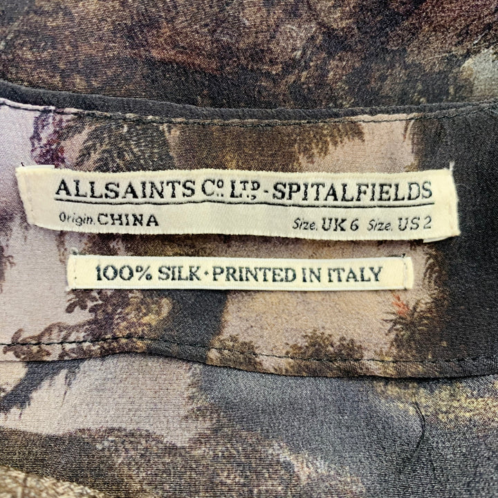 ALLSAINTS Size 2 Brown Beige Silk Tapestry Drapey V-Neck Midi Dress