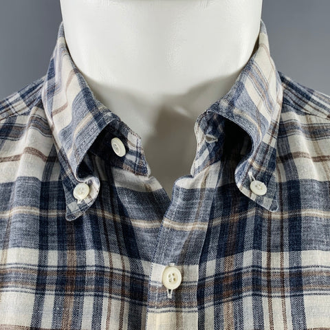 BRUNELLO CUCINELLI Size M Blue Brown Plaid Linen Button Down Long Sleeve Shirt