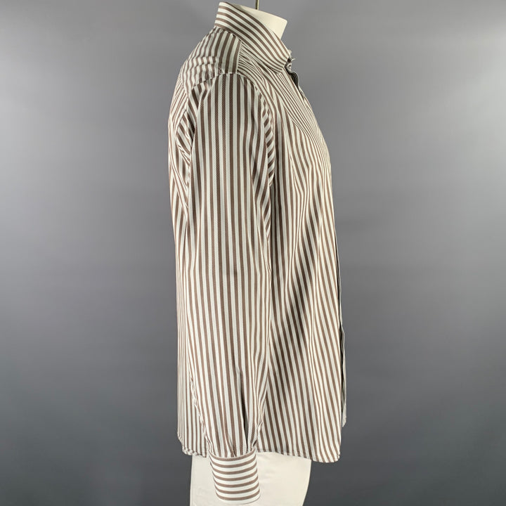 PAUL SMITH Size XL White Brown Striped Cotton Long Sleeve Shirt