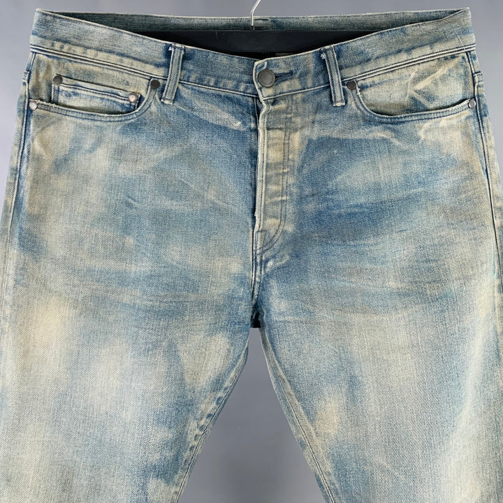 JOHN ELLIOTT Size 34 Blue Grey Distressed Cotton Button Fly Jeans