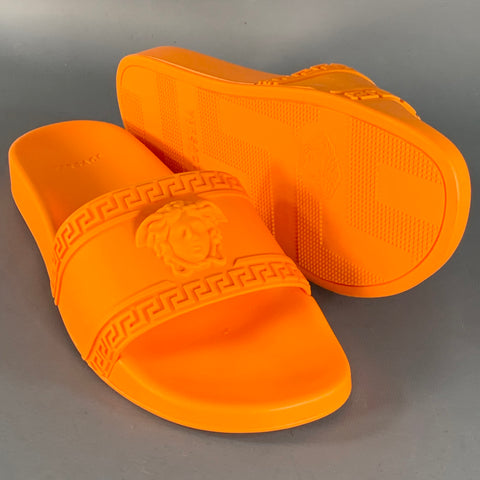 VERSACE Size 9.5 Orange Medusa Acetate Slip On Slide Sandals