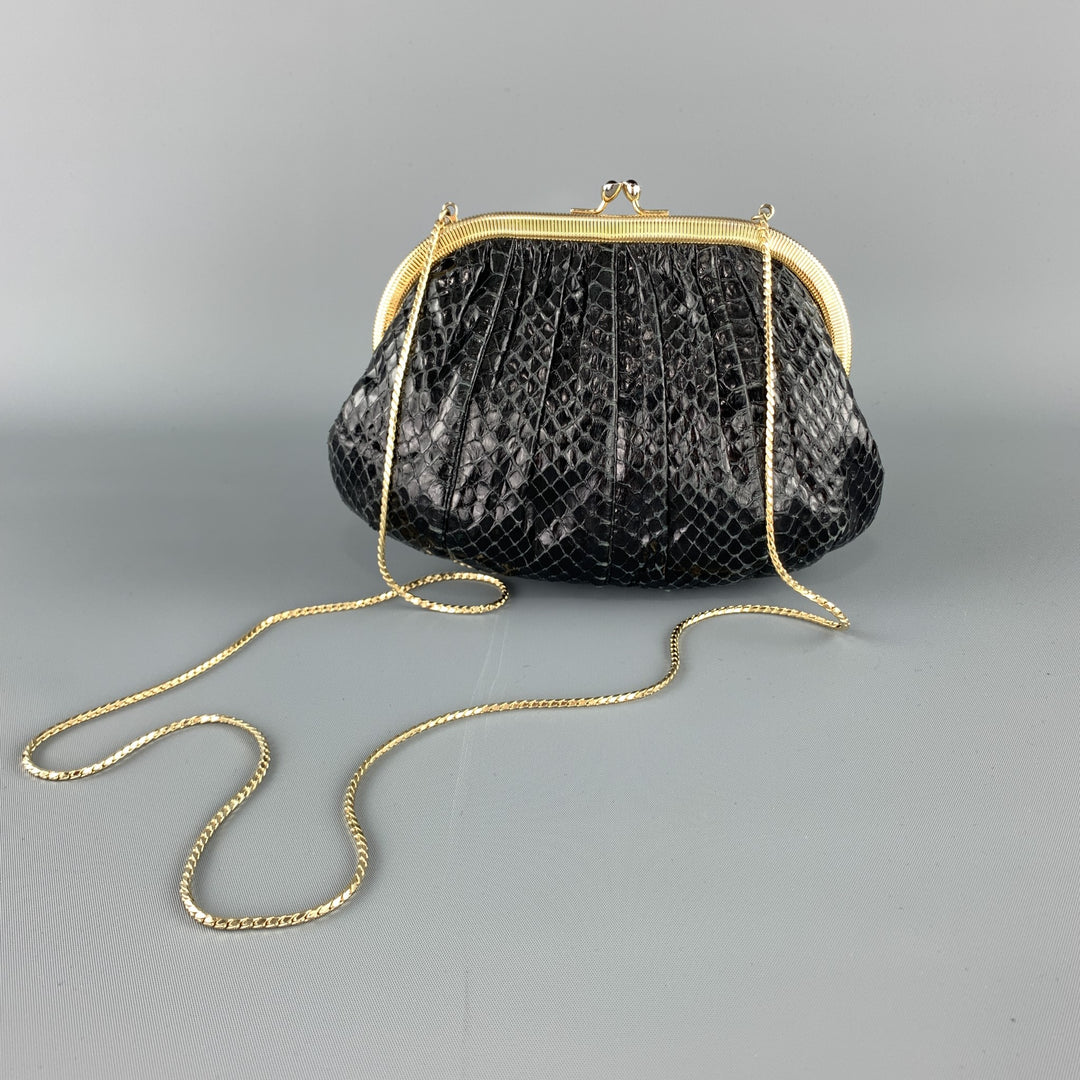 JUDITH LEIBER Ruched Black Snake Skin Evening Clutch Handbag