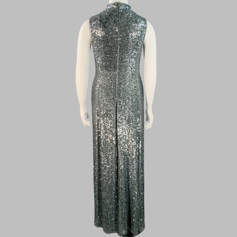 AKRIS Size 10 Silver Grey Polyamide Blend Sequined High Neck Sleeveless Long Evening Gown