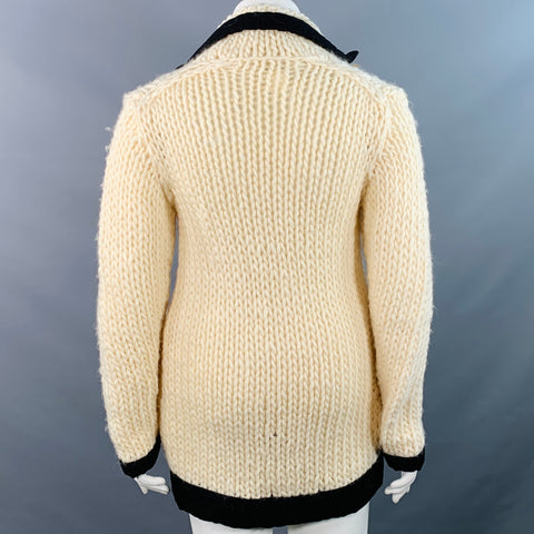YOHJI YAMAMOTO Size L Cream Black Wool Contrast Trim Cardigan