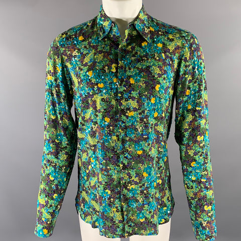 DRIES VAN NOTEN Size XS Green Blue Floral Viscose Sequined Long Sleeve Shirt