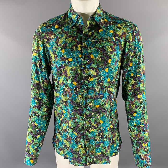 DRIES VAN NOTEN Size XS Green Blue Floral Viscose Sequined Long Sleeve Shirt