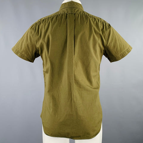 BARNEY'S NEW YORK Size M Green Cotton One Pocket Short Sleeve Shirt