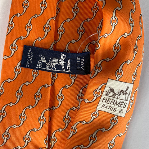 HERMES Orange White Chain Link Silk Tie