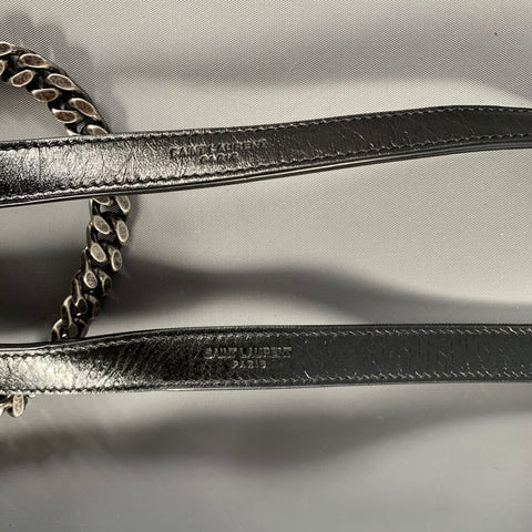 SAINT LAURENT Black Silver Chevron Leather Shoulder Bag Handbag