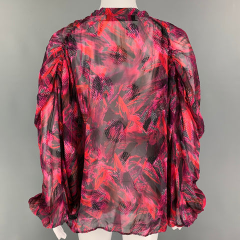 IRO Size 0 Red Black Silk Viscose Textured Oversized Casual Top