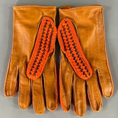 PRADA Size 7 Red Brown Crochet Leather Gloves