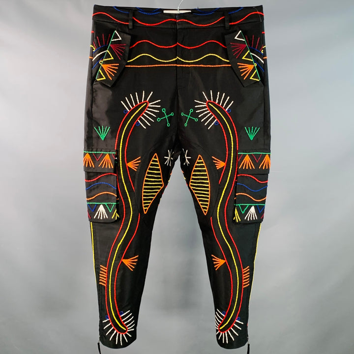 PRABAL GURUNG Size 34 Black Multi Color Abstract Embroidery Cropped Casual Pants