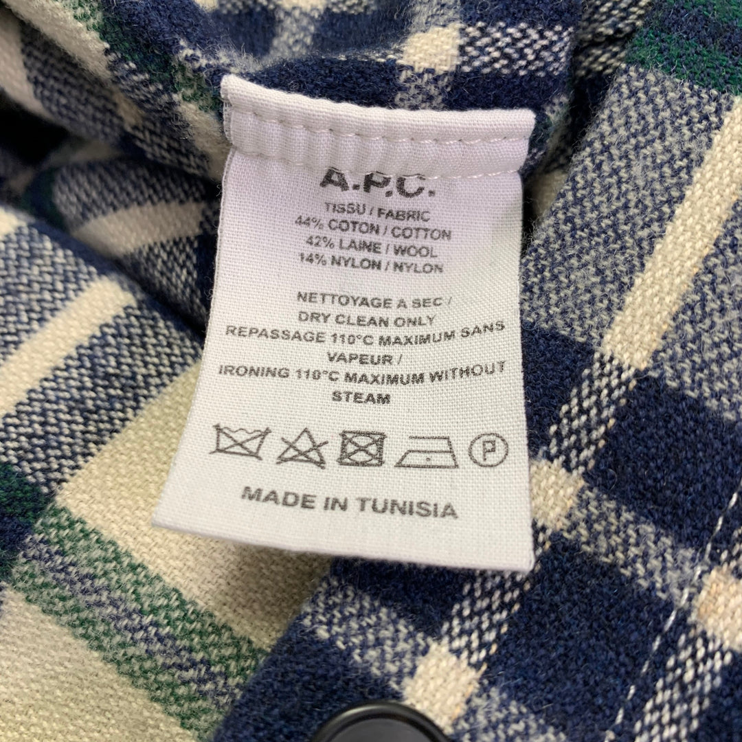 A.P.C. Size M Cream Navy Plaid Cotton Blend One Pocket Long Sleeve Shirt