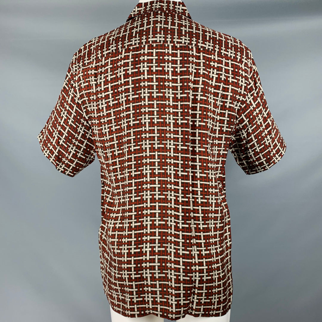 BRIONI Size S Brown Burgundy Basketweave Print Rayon Short Sleeve Shirt