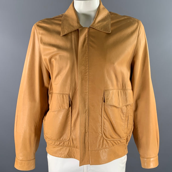 SCUOLA DEL CUOIO Size XL Camel Leather Bomber Jacket