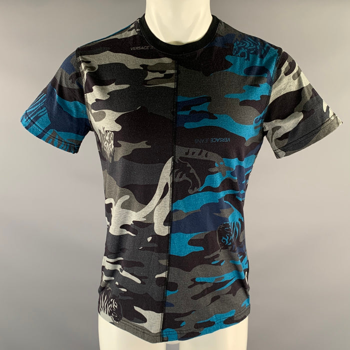 VERSACE Size S Navy Grey Black Tiger Camo Cotton Panelled T-shirt