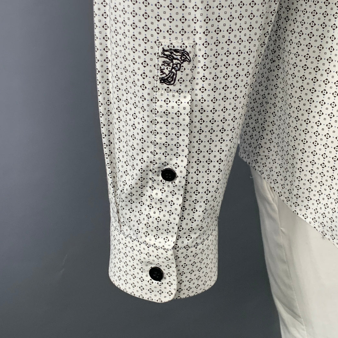 VERSACE Size XL White Black Geometric Cotton Blend Long Sleeve Shirt