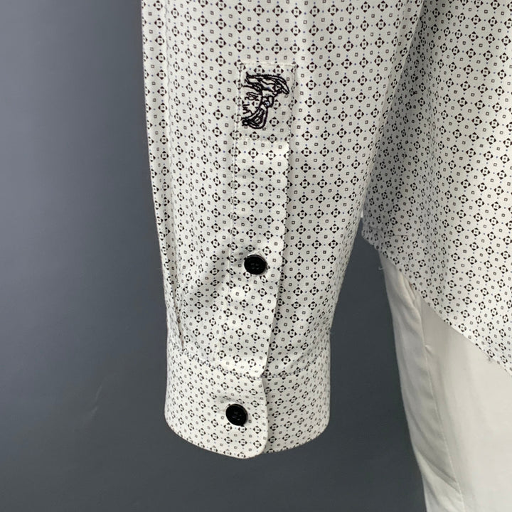 VERSACE Size XL White Black Geometric Cotton Blend Long Sleeve Shirt