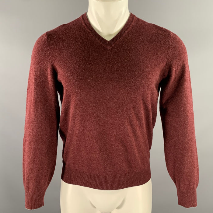 BRUNELLO CUCINELLI Size S Burgundy Grey Cashmere V-Neck Pullover