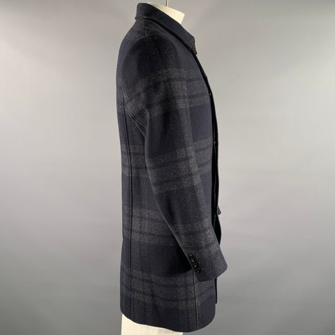 TED BAKER Chest Size L Navy Grey Plaid Wool Blend Car Coat Coat