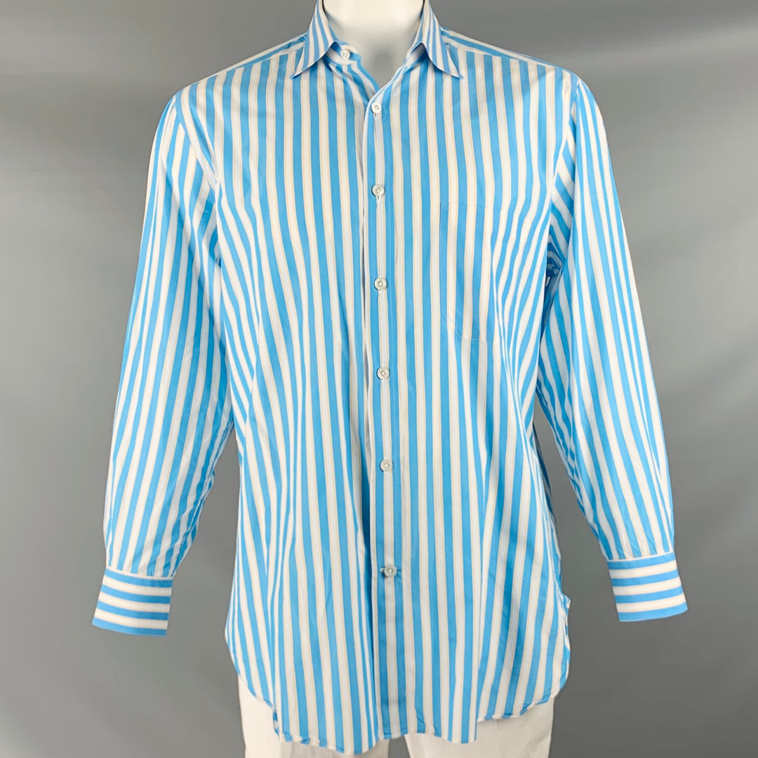 KITON Size L Blue White Stripe Cotton Button Up Long Sleeve Shirt