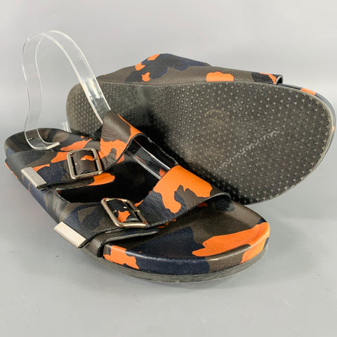 GIVENCHY Size 11 Black Green & Orange Camouflage Leather Slide Sandals