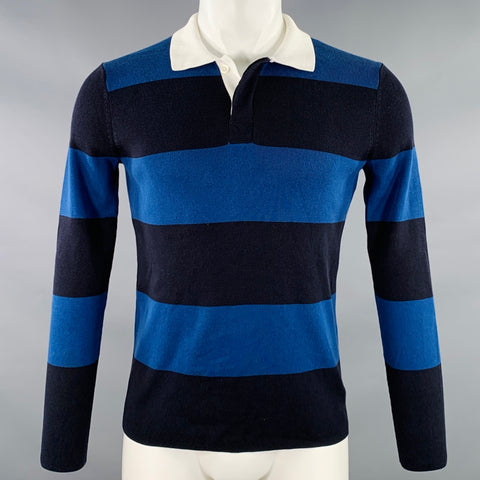 VINCE Size M Navy Black White Stripe Cotton Contrast Collar Polo