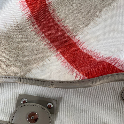 BURBERRY Beige Red Plaid Canvas Tote Handbag