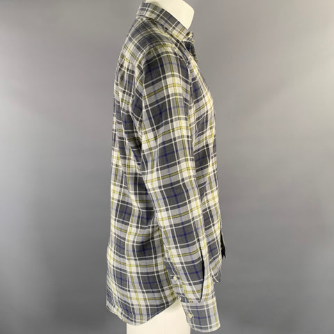 ETRO Size M Grey Blue Green Plaid Pointed Collar Long Sleeve Shirt