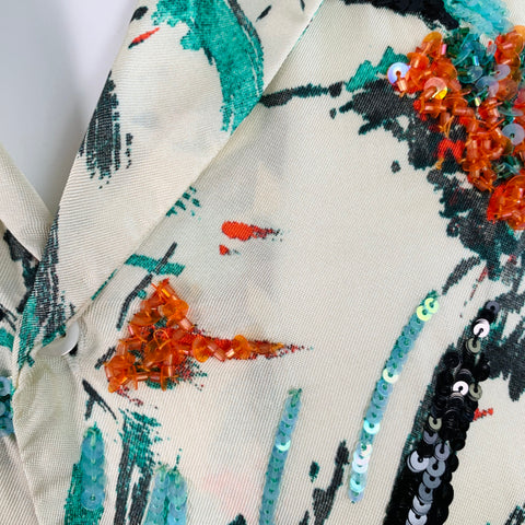 DRIES VAN NOTEN Size XS Cream Green Red Sequined Floral Viscose Camp Short Sleeve Shirt