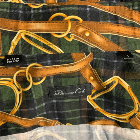 PHINEAS COLE Size L Olive Brown Plaid Equestrian Cotton Long Sleeve Shirt